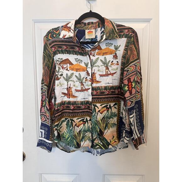 Farm Rio Shirt Womens XS Multicolor Tropical Patchwork Button Front Boho - Picture 2 of 7